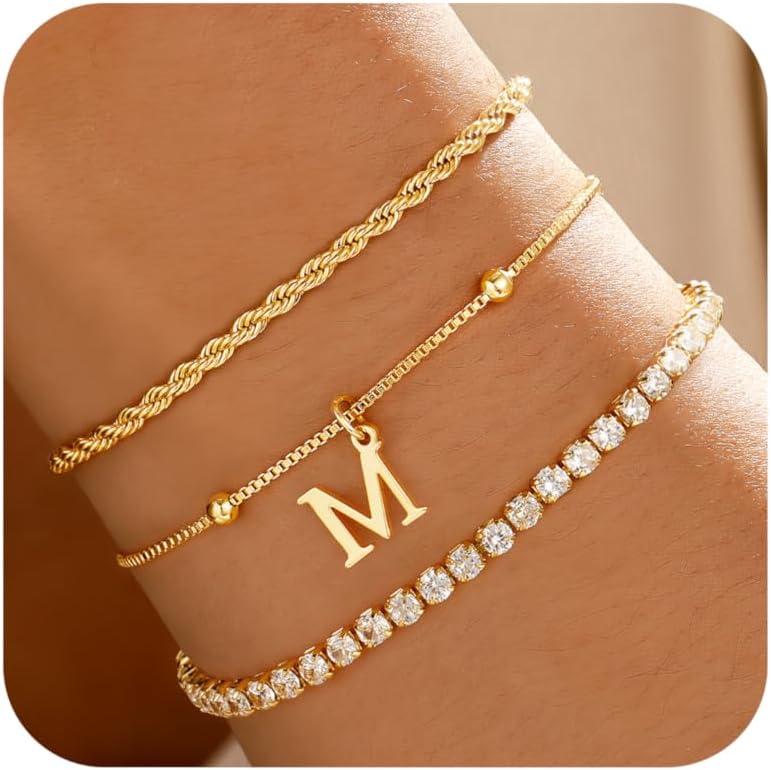 JIAOGE Valentines Day Gifts for Her Kids - Dainty Gold Bracelets for Women Personalized Gold/Silver Initial Bracelet Stack Stackable Rope Box Chain Tennis Bracelets for Girls Jewelry Set - Image 1